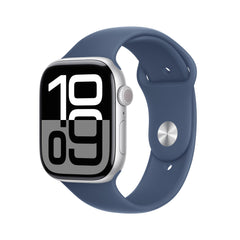 APPLE WATCH SERIES 10 GPS 46MM SILVER ALUMINIUM CASE WITH DENIM SPORT BAND - M/L