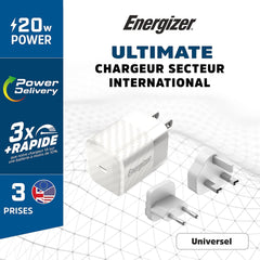 Ultimate 20W PD/QC Wall Charger with Universal Plug- White