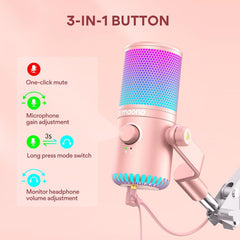 Maonocaster DM30 RGB Gaming Microphone for PC, USB Programmable Condenser Mic with RGB Lights - Pink