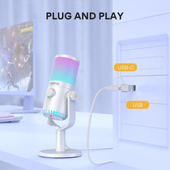 Maonocaster DM30 RGB Gaming Microphone for PC, USB Programmable Condenser Mic with RGB Lights - White