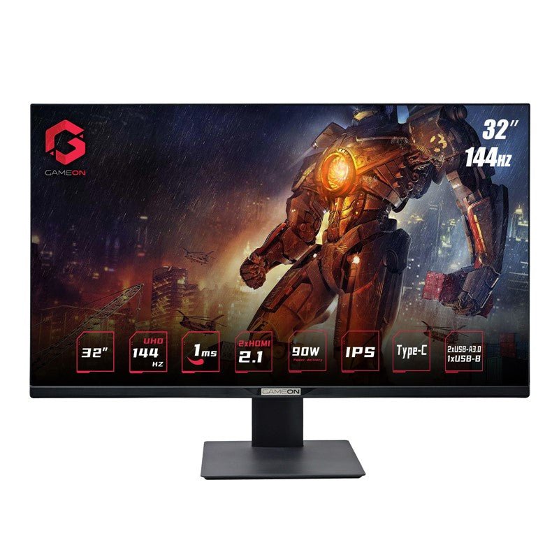 GAMEON 32" UHD, 144Hz 1ms (3840x2160) 4K Flat IPS 90W, HDMI 2.1 Gaming Monitor With (USB Type-C) G-Sync & FreeSync (Support PS5) - Black - Level UpGameOn722777893554